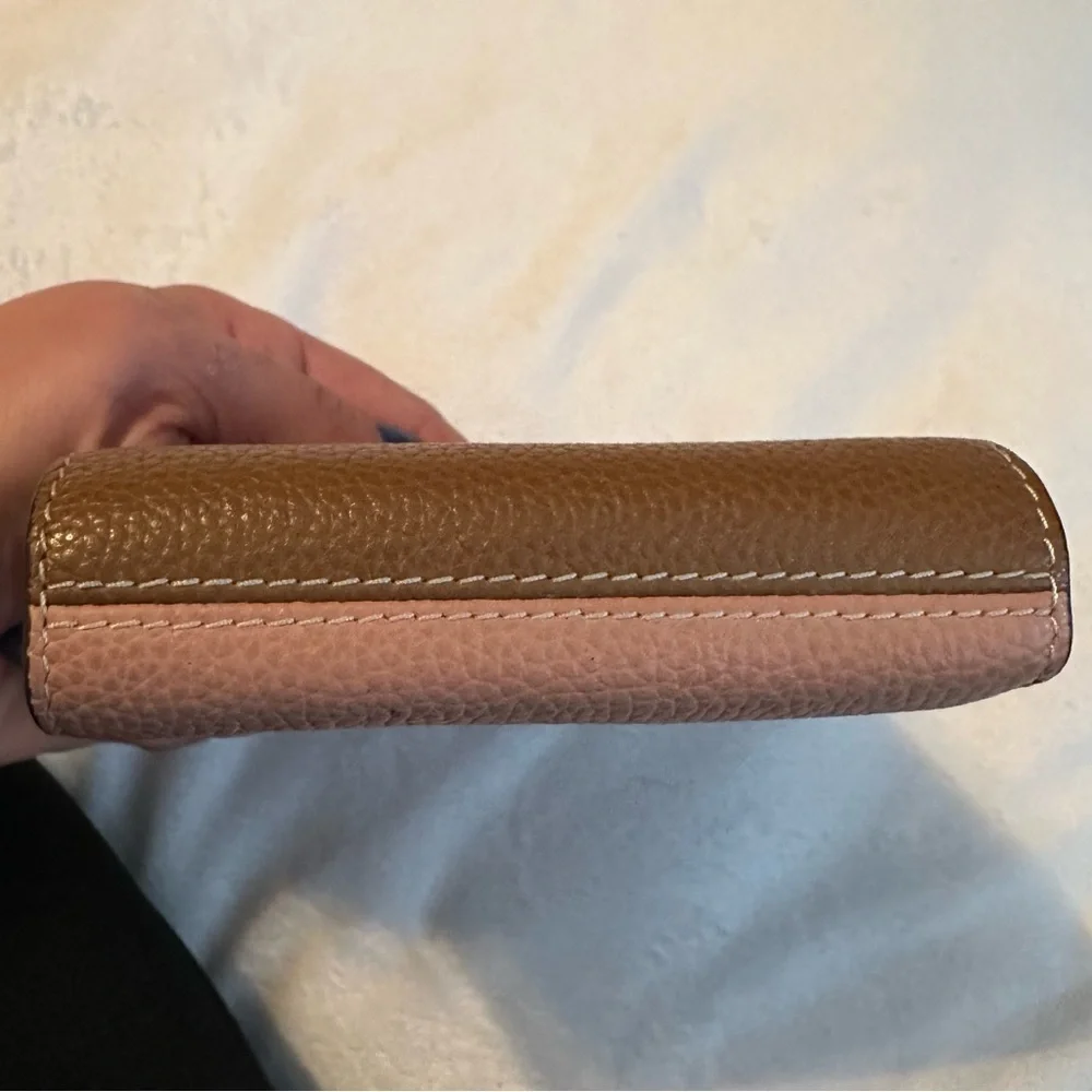Tory Burch Perry Color Block Bifold Pebbled Leather Wallet pink yellow brown red